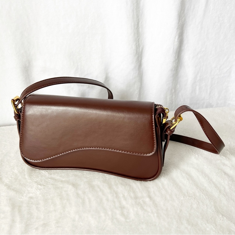 Brown Vegan Leather Hobo Shoulder Bag With Zipper Retro